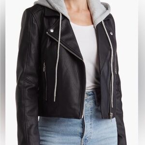 Blank NYC Black Leather Jacket with Gray Hood